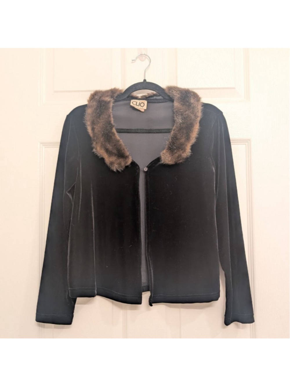 Vintage Y2K Glam Black Velvet Open Front Jacket Brown Faux Fur Collar Petite M